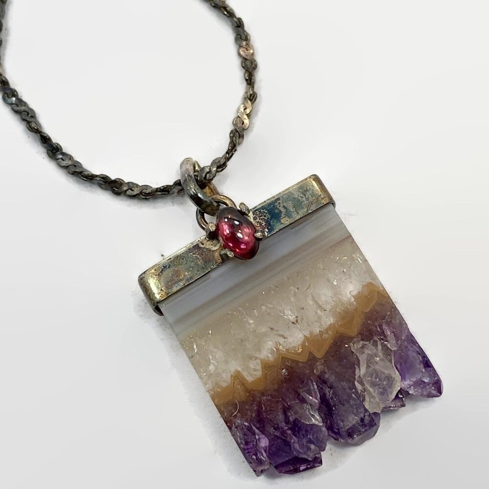 Amethyst Pendant, Amethyst Slice, Sterling Silver, Tourmaline,  Necklace, Chain